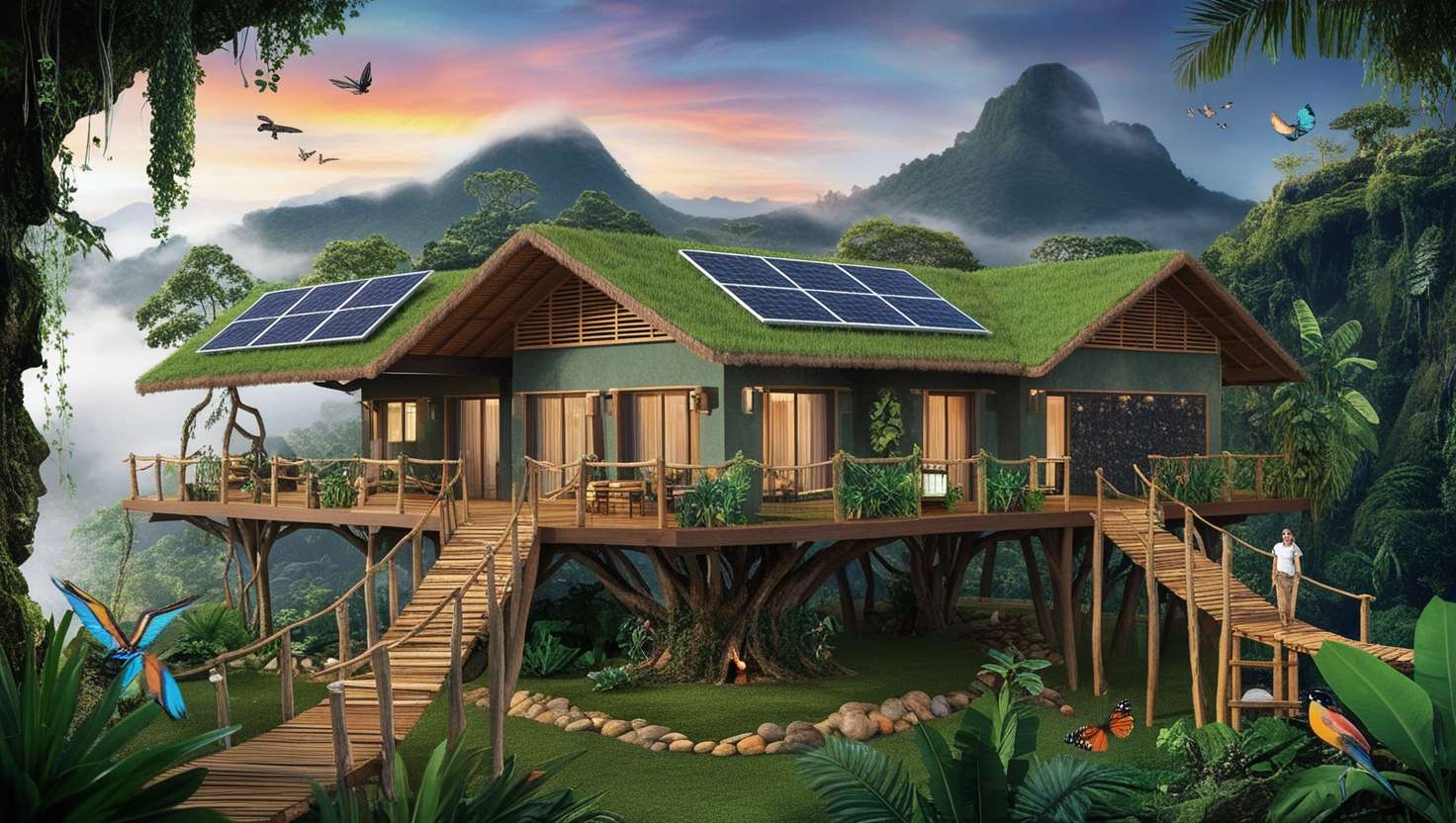 A sustainable eco-lodge nestled in a lush rainforest. Treehouse-style accommodations connected by wooden walkways, with solar panels on roofs. Misty mountains in background, colorful sunset sky. Foreground shows tropical birds, butterflies, and a small organic garden. The lodge blends seamlessly with nature, conveying tranquility and eco-friendly adventure.