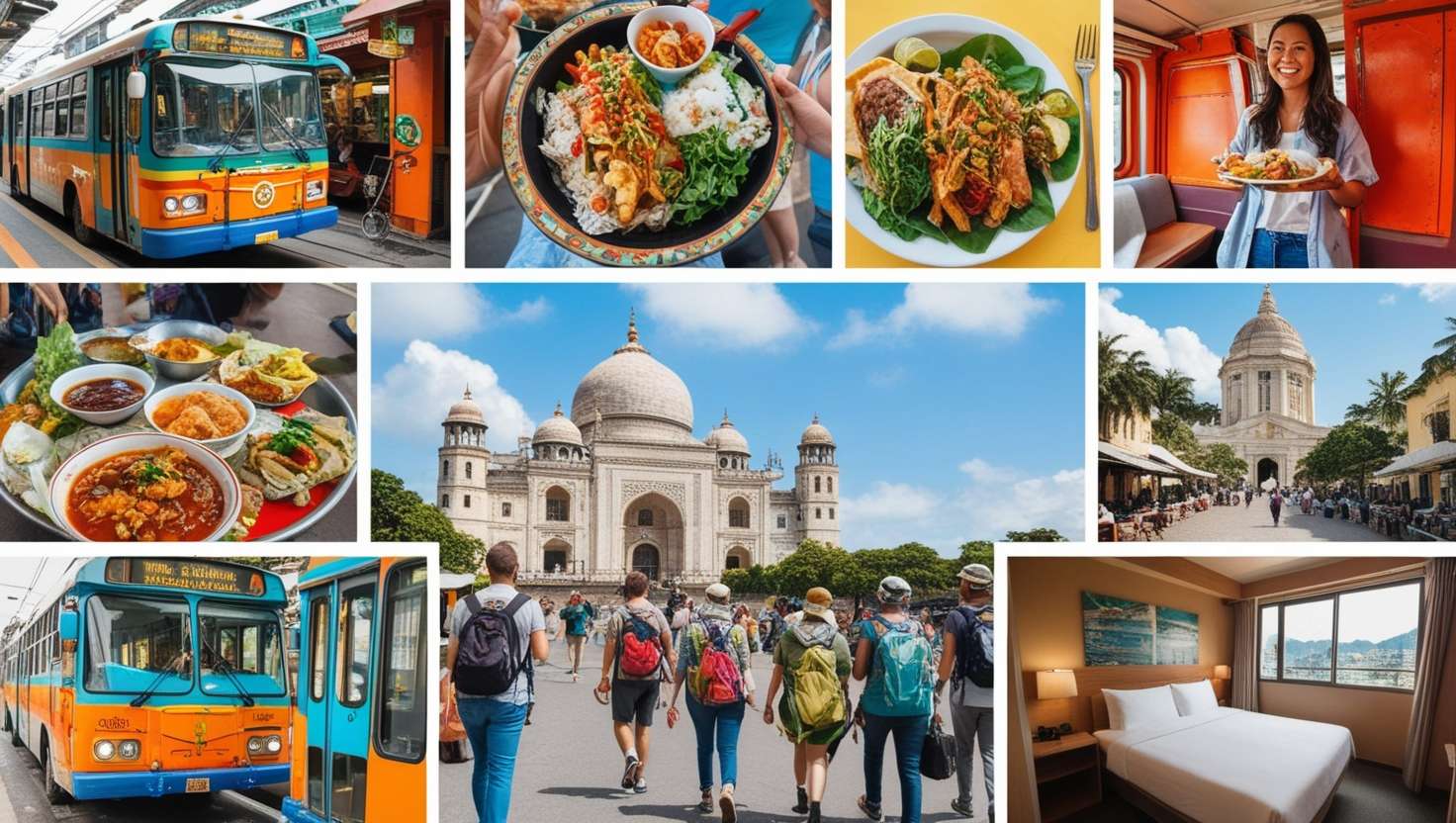 A collage featuring diverse travel scenes including public transportation, street food vendors, walking tours, and budget-friendly accommodations, showcasing the enriching experiences available through budget-conscious travel.