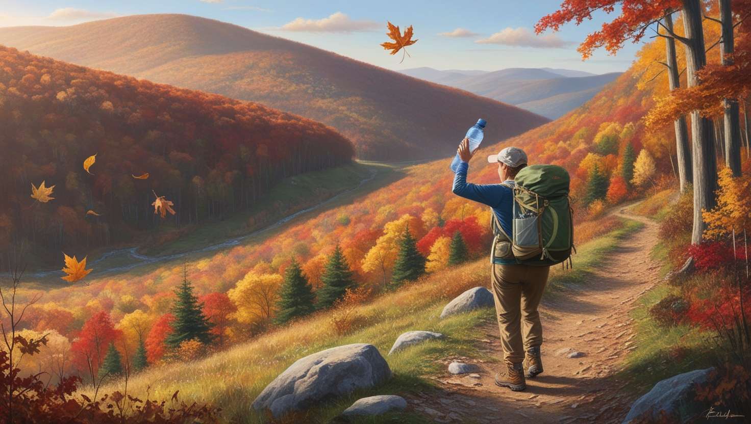 Hiker on an autumn trail admires vibrant fall foliage while holding a reusable water bottle. Colorful trees cover rolling hills, with a winding path disappearing into the distance under golden hour light. The scene symbolizes eco-friendly travel and appreciation of nature.