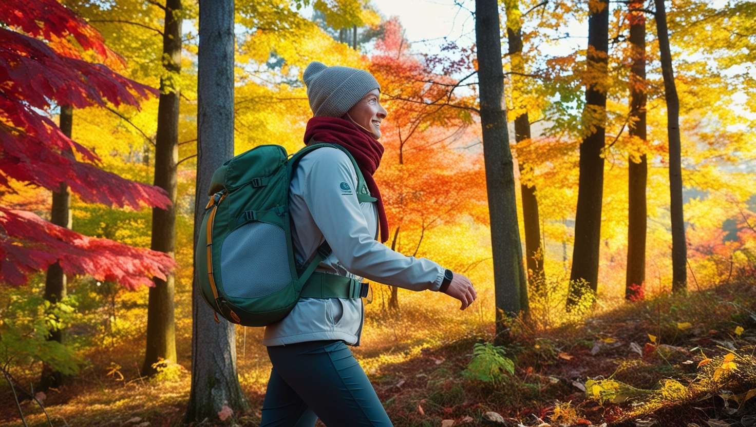 Traveler in eco-friendly gear walking through vibrant autumn forest, surrounded by red and orange leaves