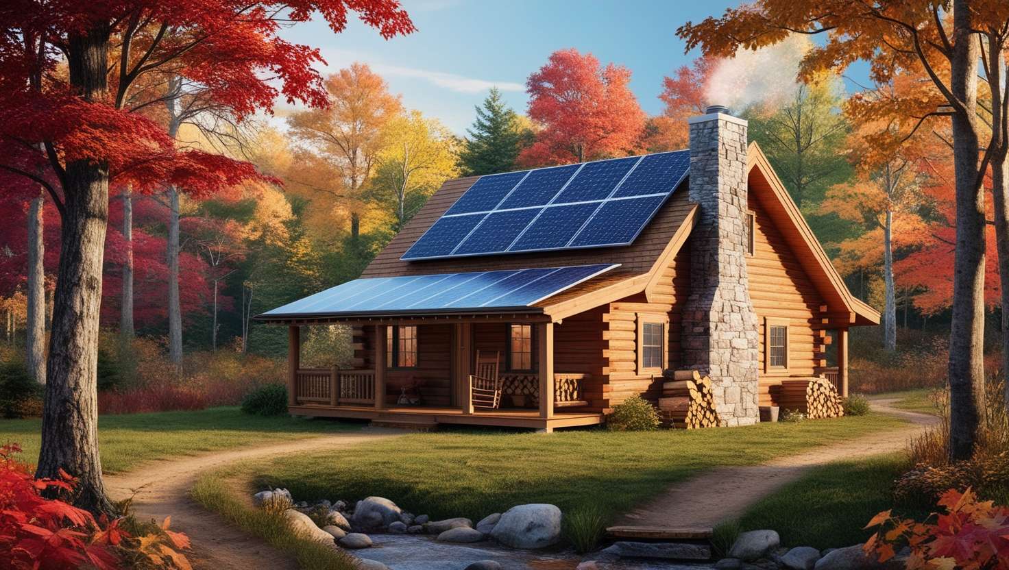 A wooden cabin with solar panels on its roof, surrounded by trees with vibrant autumn foliage. A dirt path leads to the front porch, which has a rocking chair and firewood stack. A small stream flows in the foreground, reflecting the colorful leaves.