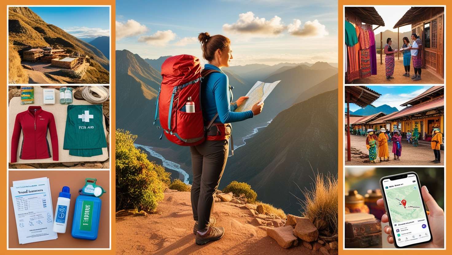 A solo female traveler stands confidently on a mountain overlook, backpack on, holding a map and smartphone. She gazes at a remote valley below. Around her, a collage depicts travel safety items: eco-lodge, local clothing, first-aid kit, water purifier, and insurance document. Background shows cultural scenes like a market and traditional buildings. Inset images show the traveler interacting with locals and using travel apps. Golden light bathes the scene, conveying adventure and empowerment.