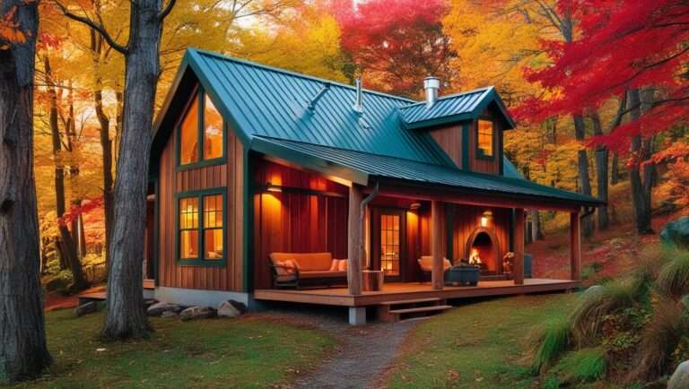 A cozy cabin nestled amidst a vibrant autumn forest. The cabin has a rustic, sustainable design, with warm lighting and a wood-burning fireplace. The surrounding trees are ablaze with golden and red leaves.
