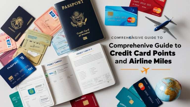 An open passport with international stamps, various colorful credit cards, a miniature airplane model, and airline tickets arranged on a clean surface, symbolizing the connection between credit card points and travel rewards. The image represents travel planning, financial benefits, and the use of rewards for flights.