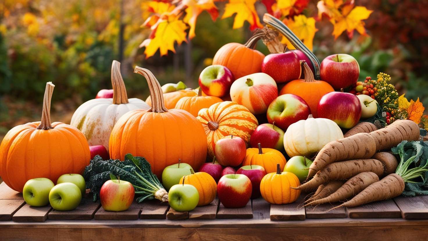 A vibrant, rustic autumnal farm setting with a bountiful spread of fresh produce, including pumpkins, apples, and root vegetables, arranged on a wooden table with fall foliage in the background.