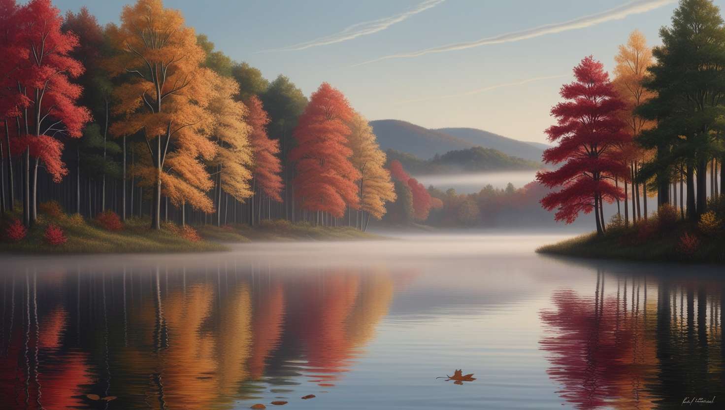 A serene landscape of a fall forest with vibrant autumn leaves. A calm lake reflects the colorful foliage, creating a mirror-like image.