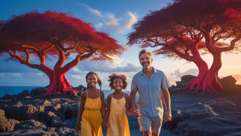 Family walking under Dragon Blood Trees at sunset