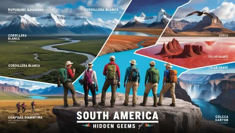 Panoramic view of an adventurous hiker standing atop a rugged mountain peak in South America, surrounded by lush green valleys, dramatic cliffs, and vast open skies. Perfect destination for thrill-seekers and explorers seeking undiscovered adventure spots