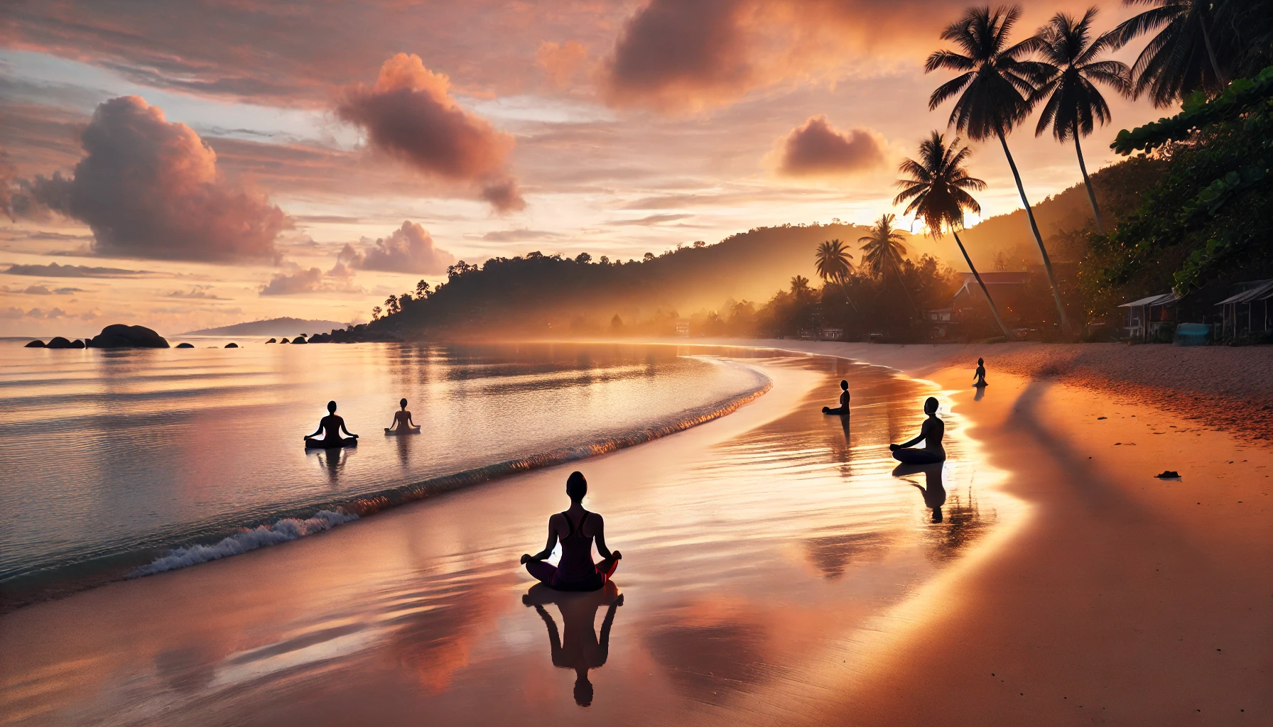 A tranquil Southeast Asian beach at sunrise with soft golden light reflecting off calm ocean waters. A small group of yoga practitioners sits cross-legged in meditation on the sandy shore, facing the ocean. Palm trees line the side of the beach, and the sky is painted with soft pink and orange hues, creating a peaceful and serene atmosphere.