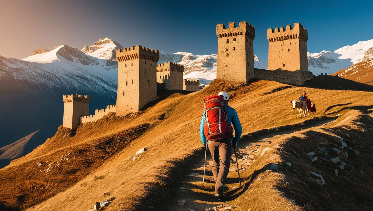 A hiker on a winding mountain trail in Svaneti, Georgia, with ancient stone towers rising in the distance against snow-capped peaks. Golden afternoon light bathes the rugged landscape, highlighting a blend of medieval architecture and natural beauty.