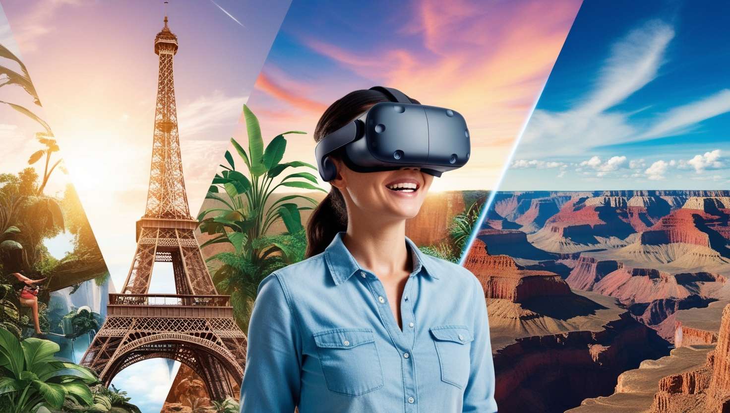 A person wearing a virtual reality headset, experiencing immersive travel from the comfort of their living room, with vivid landscapes and iconic landmarks projected around them, showcasing the possibilities of exploring the world through virtual reality technology.