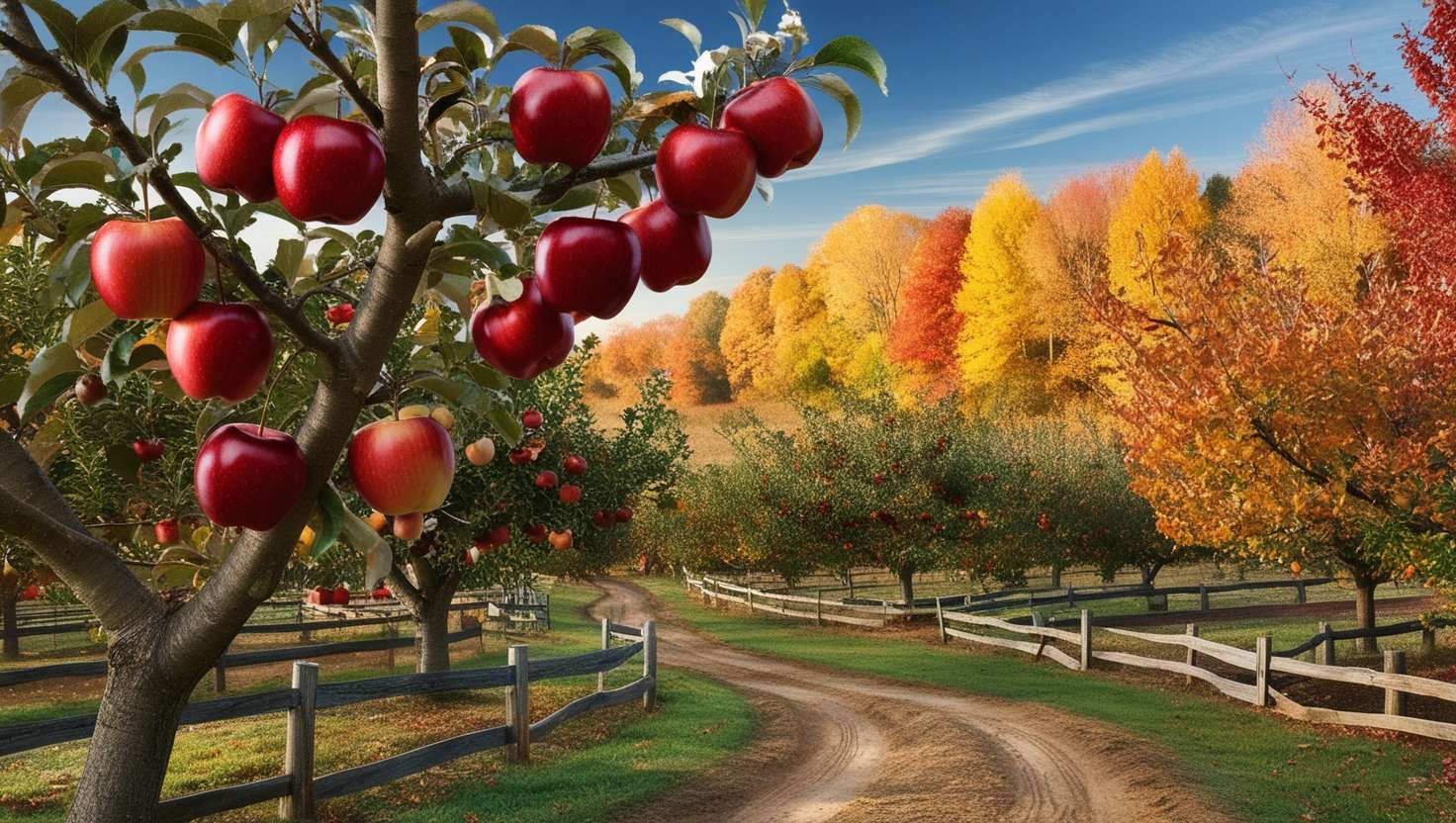 A scenic view of an organic orchard with ripe red apples ready for harvest, surrounded by vibrant autumn foliage.