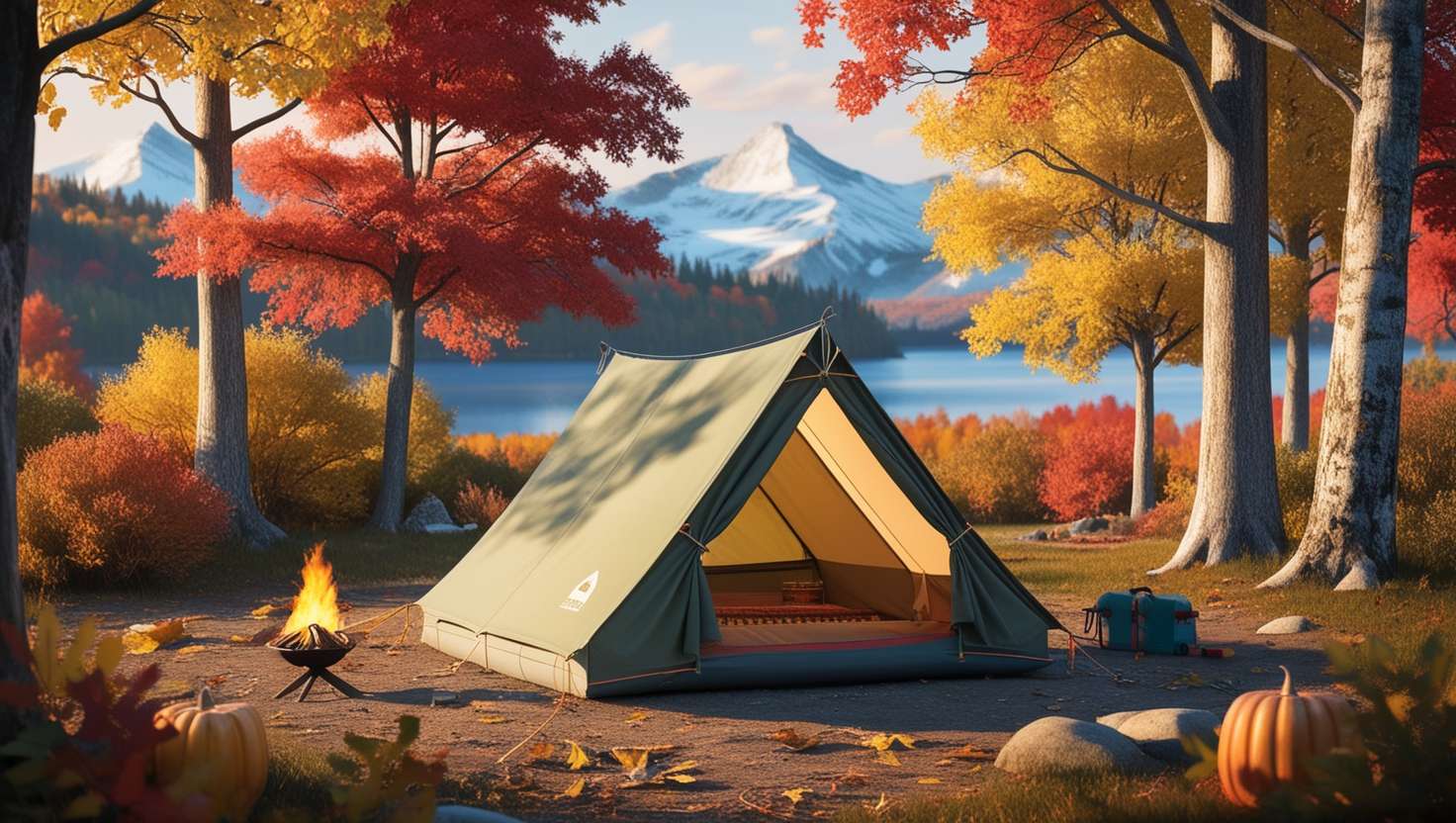 Autumn campsite with small eco-friendly tent surrounded by colorful fall foliage. Mountains or lake visible in background. Campfire and camping gear in foreground.