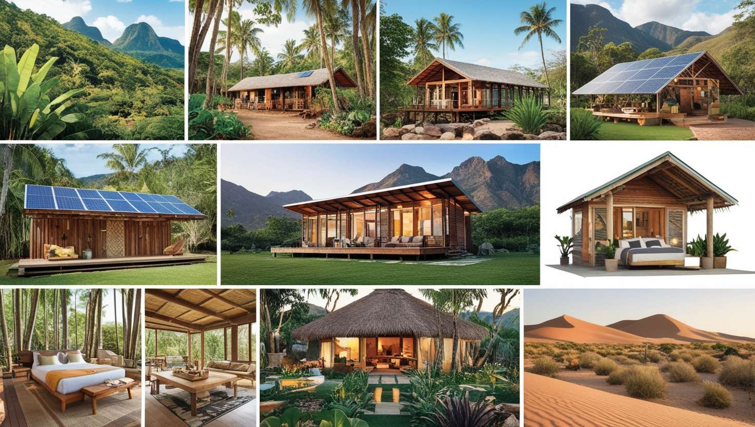 A diverse selection of eco-lodges set in various natural environments, including treehouses in lush rainforests, overwater bungalows on remote islands, mountain retreats, and desert lodges, showcasing sustainable travel experiences and eco-friendly accommodations.