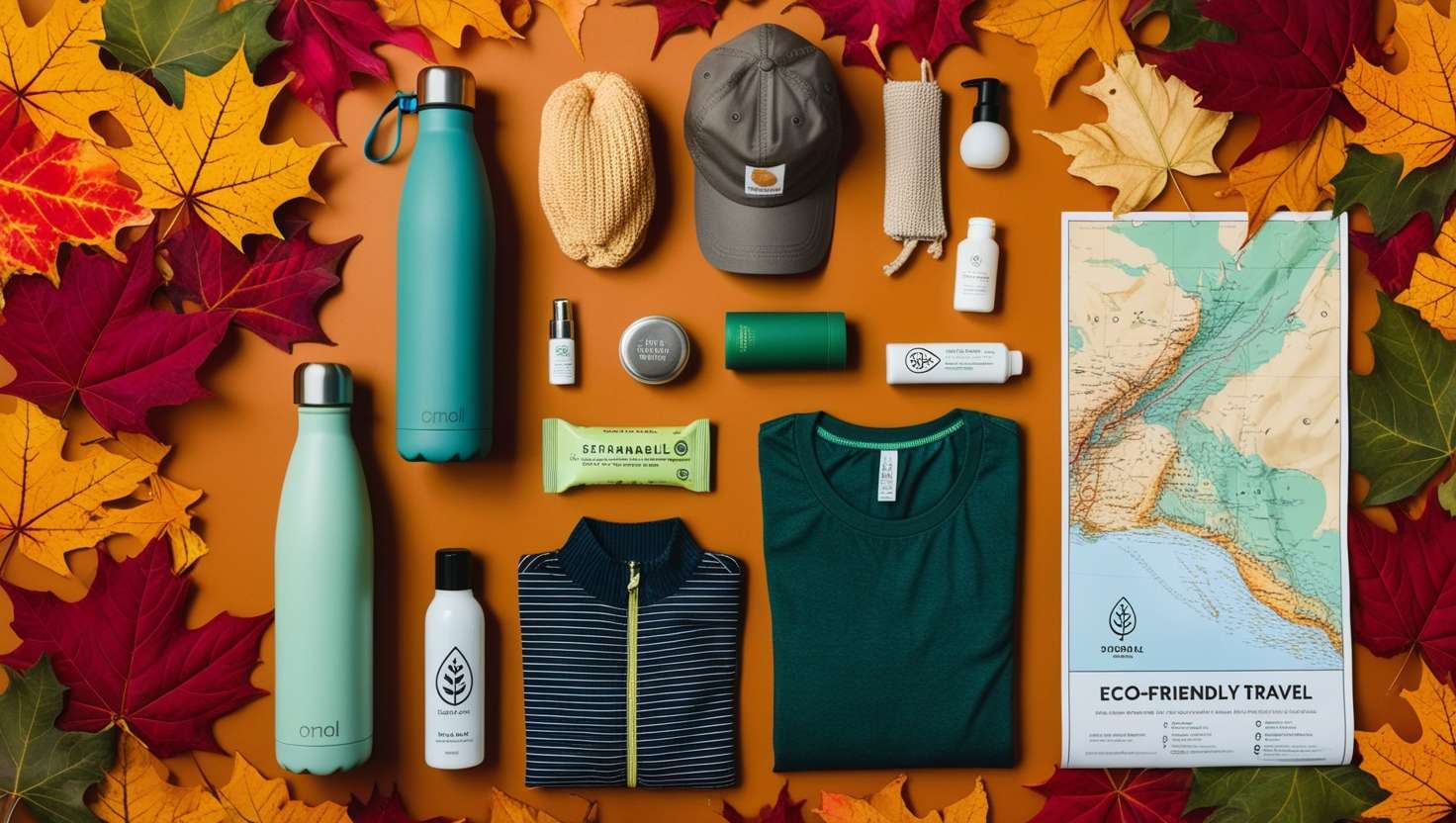 A flat lay of eco-friendly travel essentials, including a reusable water bottle, sustainable clothing, and biodegradable toiletries, set against a fall backdrop with leaves and autumn colors.