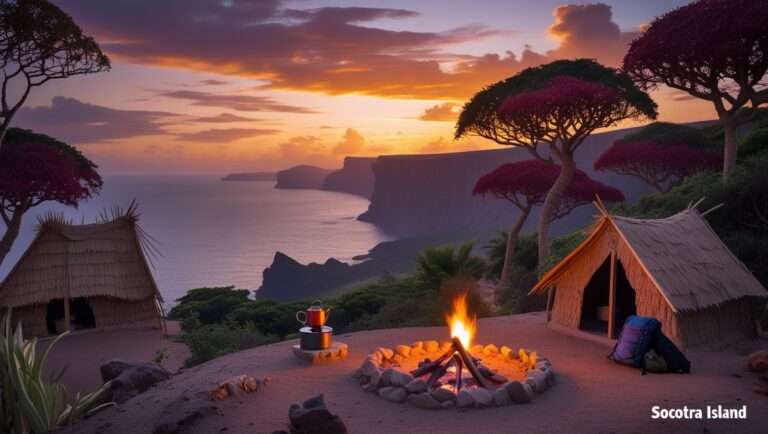 Socotra campsite at sunset, showing a couple of small eco-huts made of palm leaves and local stone on a hilltop surrounded by Dragon Blood Trees.