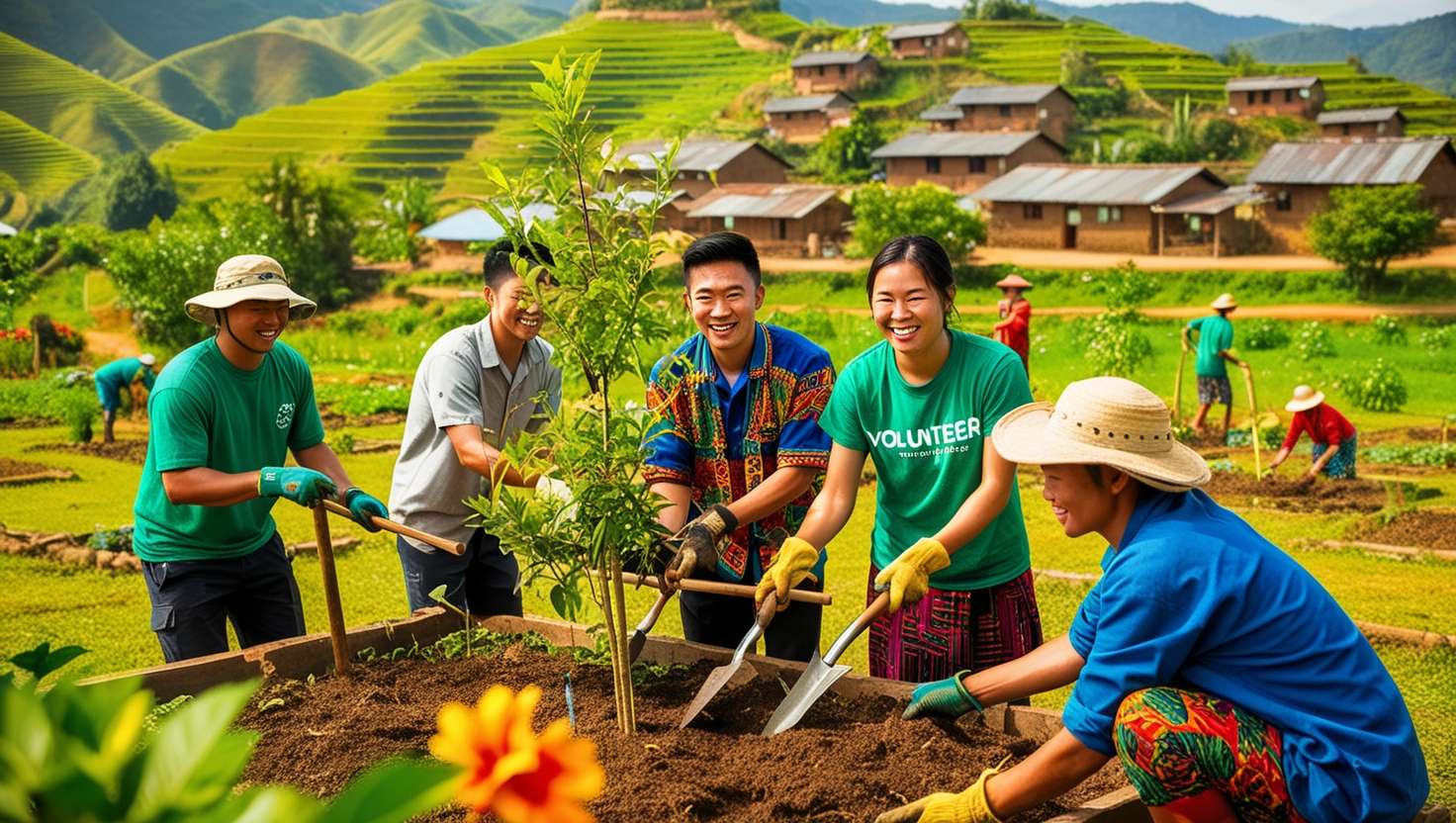 A vibrant scene of a young volunteer working with local community members in a lush, rural landscape. The volunteer, dressed in colorful clothing, plants trees alongside villagers in a community garden. Traditional houses dot rolling green hills in the background. The image radiates warmth, cooperation, and the positive impact of combining travel with giving back to the community.