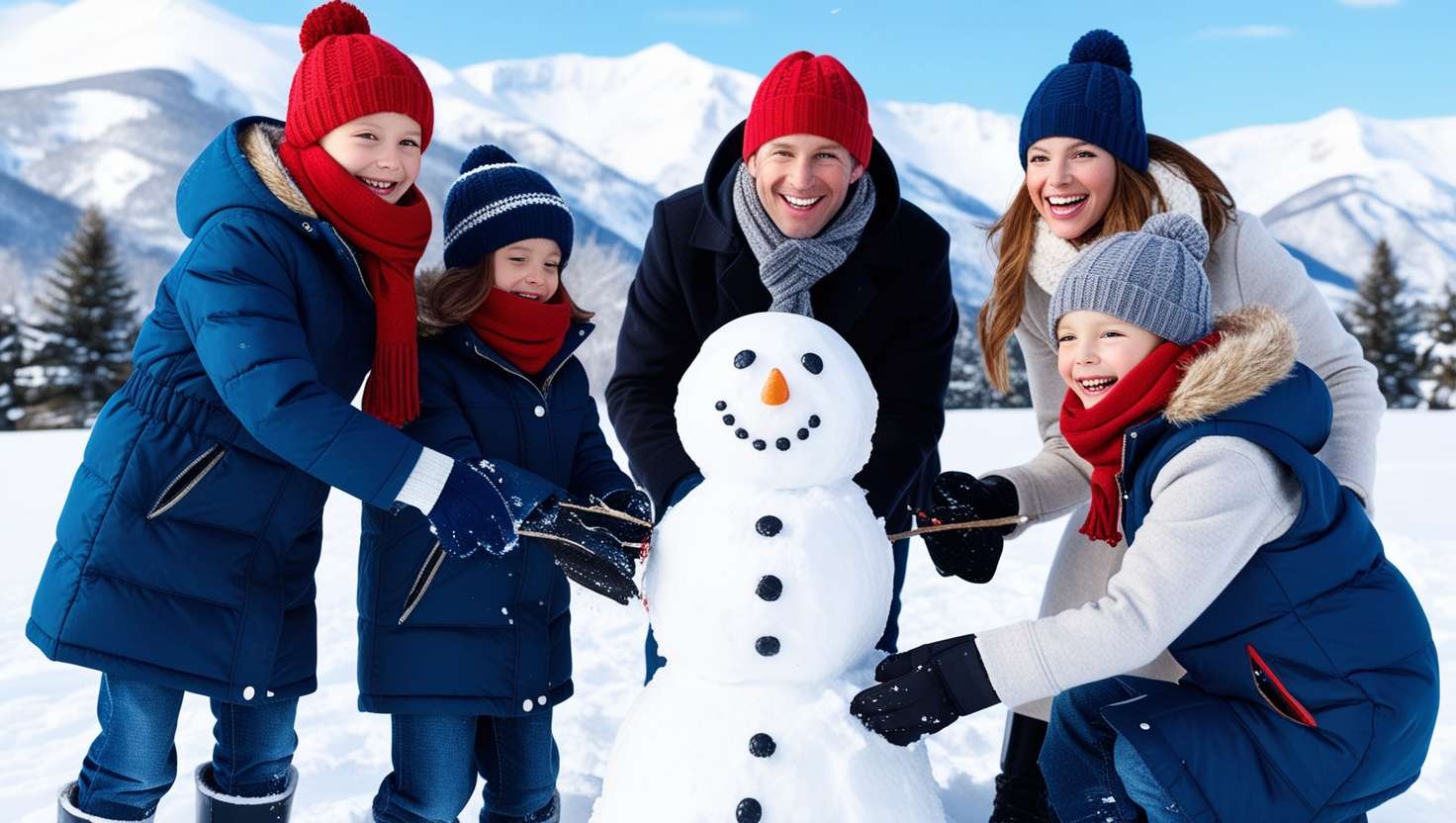 A happy family of four enjoying a winter day in a snowy landscape. The scene includes a father and mother watching their two children, a boy and a girl, as they build a snowman. Everyone is bundled up in colorful winter coats, scarves, and mittens, with snow-covered mountains in the background and snowflakes gently falling around them. The image captures the joy and excitement of a family-friendly winter holiday.