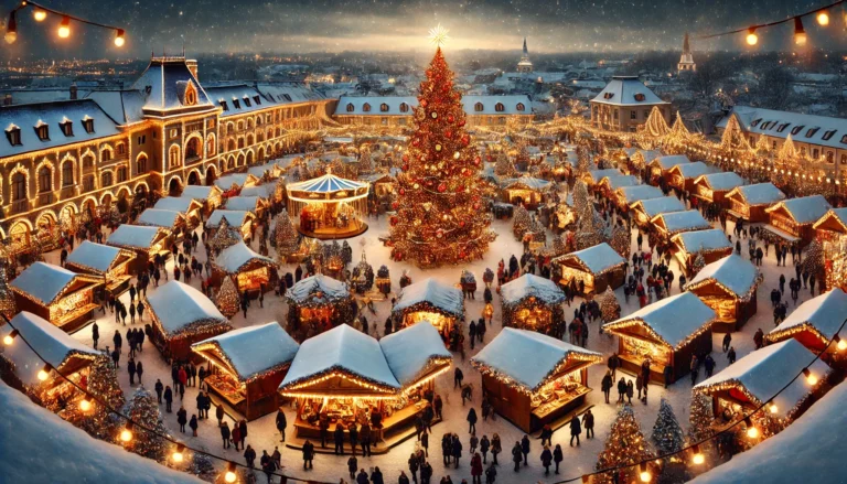 Panoramic view of a traditional European Christmas market in the evening, featuring brightly lit wooden stalls, a large Christmas tree adorned with twinkling lights, festive decorations, and a cheerful crowd enjoying the snowy winter atmosphere.