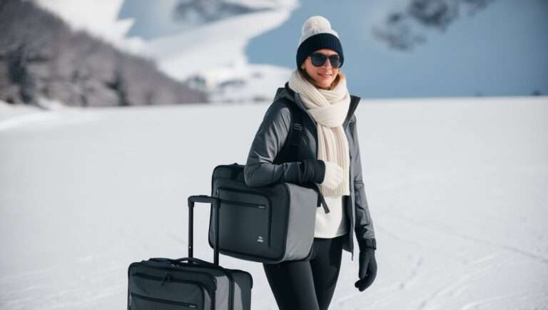 Traveler dressed in minimal winter layers, including a jacket, scarf, and gloves, standing in a snowy landscape with a cityscape or mountain in the background. The scene reflects the concept of packing light for winter travel while staying warm.