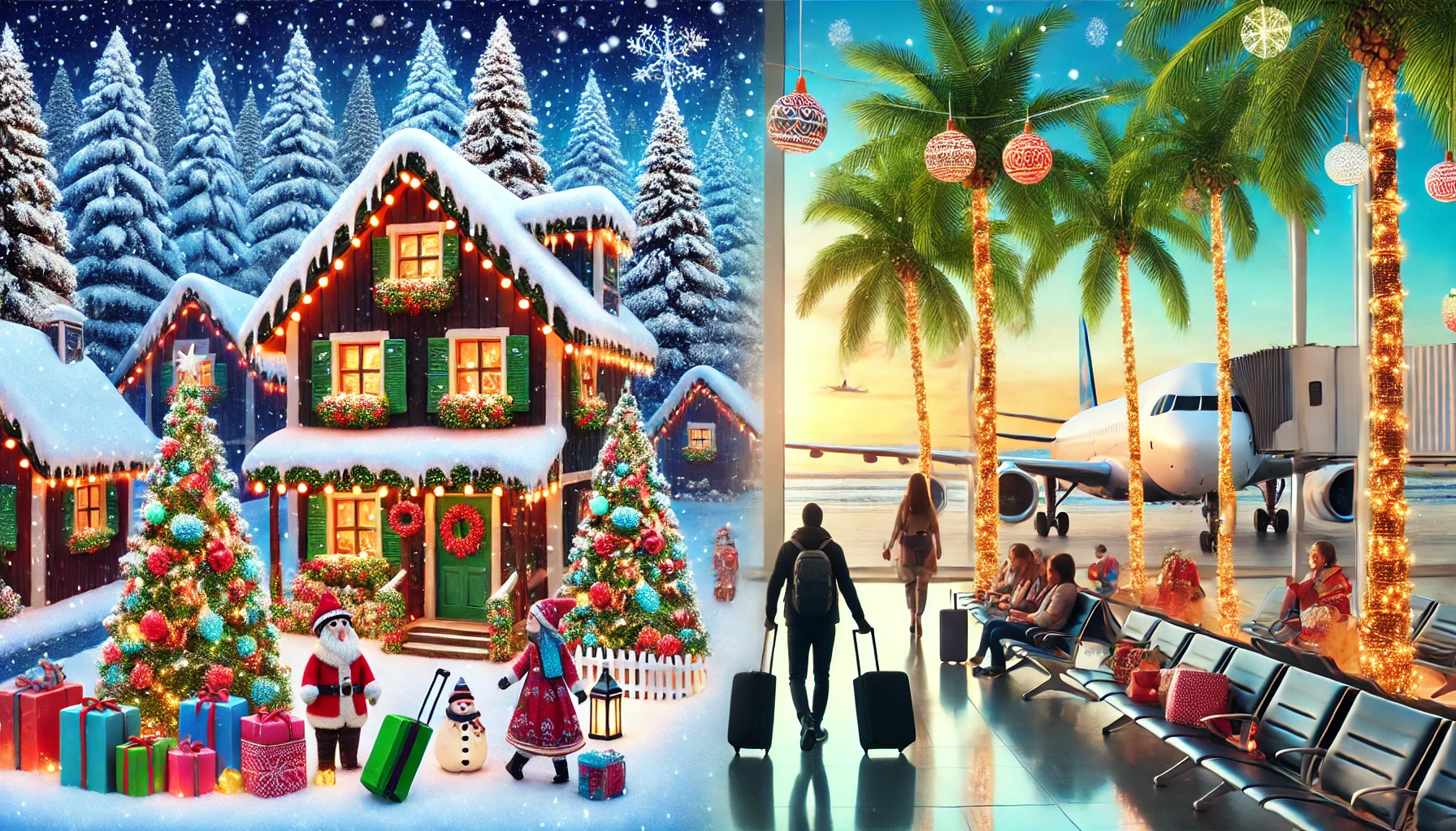 A vibrant winter holiday scene showing a snowy village with cozy cottages decorated with holiday lights and snow-covered trees, alongside a contrasting tropical destination with palm trees and subtle holiday décor like string lights. A family or solo traveler is walking through an airport with suitcases, symbolizing travel during the festive season with both winter and tropical vibes.