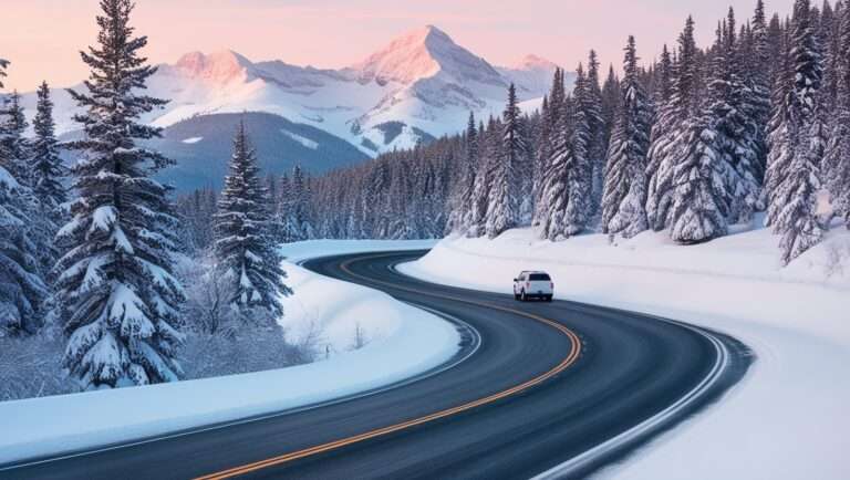 A scenic winter road winds through a snow-blanketed forest of towering evergreens, their branches heavy with fresh snow. A single red SUV in the distance navigates the plowed but snow-dusted road, providing scale against the massive landscape. Snow-capped mountain peaks dominate the horizon, their jagged silhouettes highlighted by a warm pink-orange sunset glow. The contrast between the cool blue shadows in the snowy forest and the warm light in the sky creates a dramatic winter atmosphere, while the cleared road invites thoughts of winter adventure and exploration.