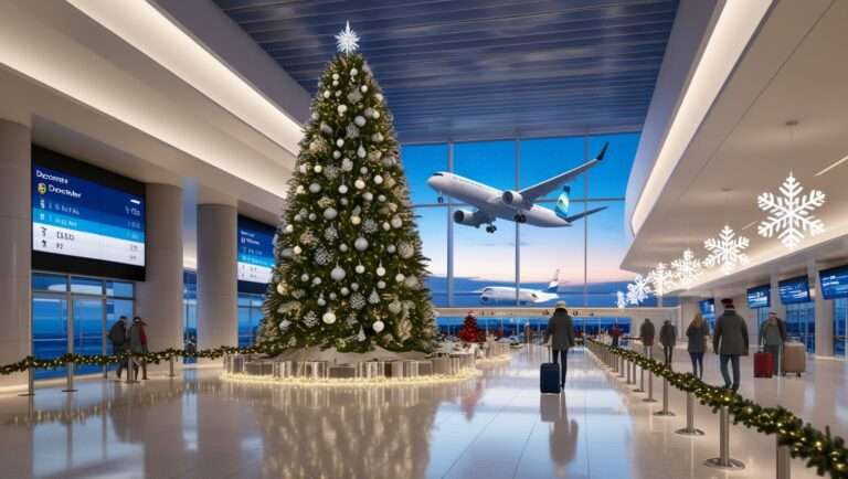 Airport terminal decorated for Christmas, featuring a towering illuminated Christmas tree, holiday travelers, and flight information screens displaying December departures. Festive lights and decorations add warmth to the modern terminal space.