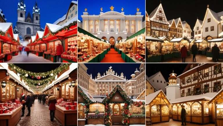 A festive scene depicting five iconic European Christmas markets, each showcasing its unique charm and character: Germany's market features vibrant red and green stalls lined with twinkling lights, overflowing with handmade ornaments and stein-filled tables, surrounded by snow-covered medieval architecture; Austria's market boasts elegant, white-draped stalls adorned with golden accents, set against the majestic backdrop of Vienna's grand opera house, with festive lanterns aglow; France's market in Alsace resembles a whimsical fairy tale, with half-timbered houses, twinkling strings of lights, and colorful, flower-adorned wooden stalls; the Czech Republic's market in Prague takes place in a grand, snow-covered square, surrounded by Gothic spires, with stalls offering traditional, hand-painted glassware and festive treats; and Switzerland's market nestles among the snow-capped Swiss Alps, featuring wooden chalets, lantern-lit streets, and an abundance of warm, golden lighting, evoking a sense of cozy, alpine wonder.