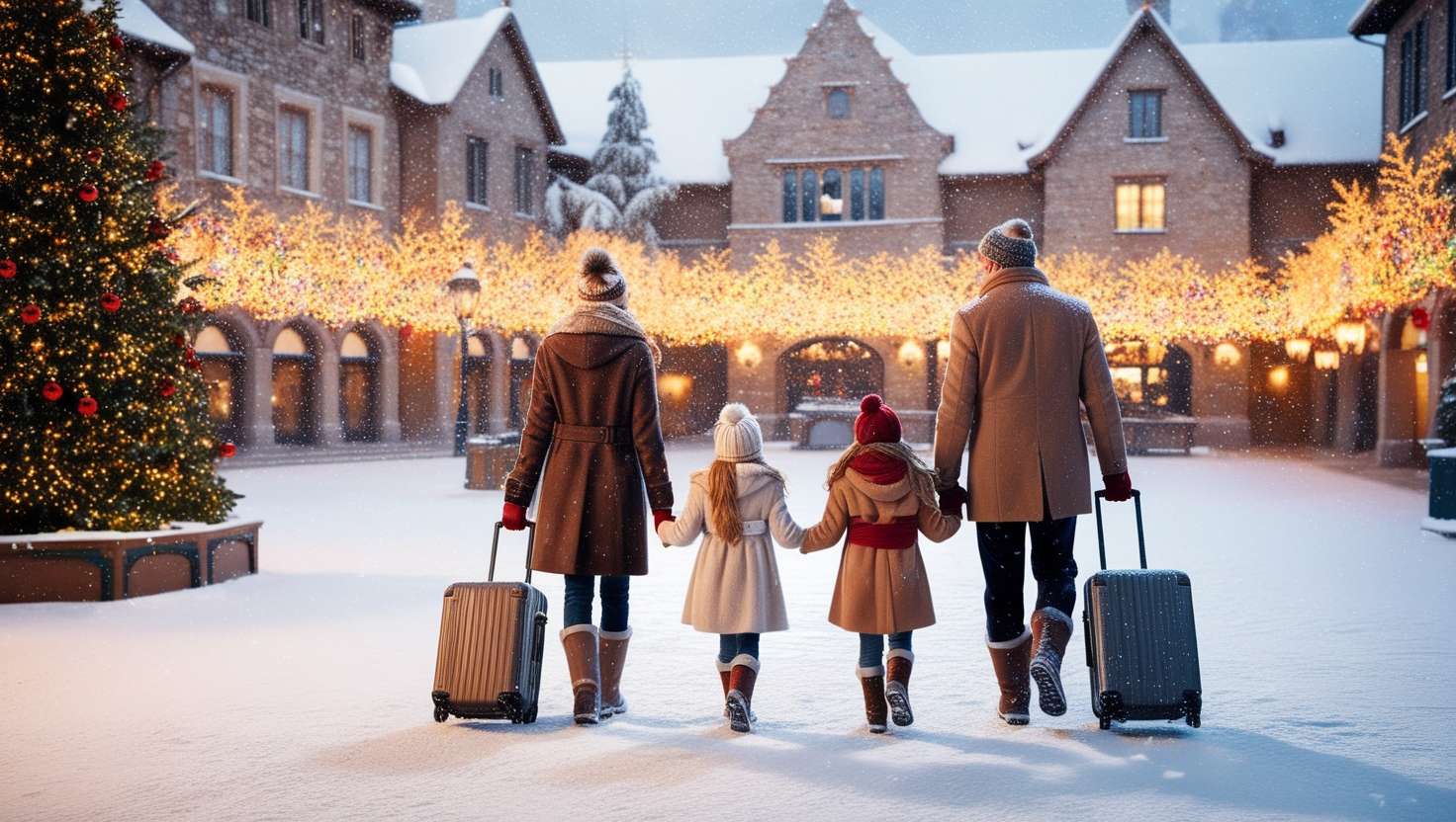 A family with suitcases walking through a snow-covered town square decorated with festive Christmas lights, creating a warm holiday atmosphere.