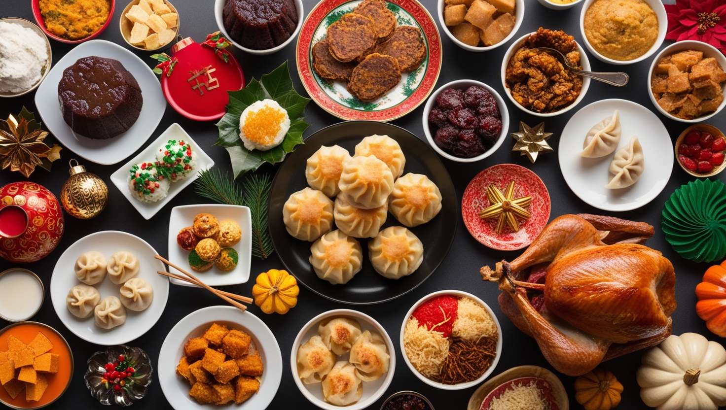 An overhead photograph of a colorful holiday food collage arranged in a circular pattern on a rustic wooden table. Five iconic holiday dishes are displayed: a glistening slice of dark Christmas pudding garnished with holly, golden-brown potato latkes with a dollop of applesauce, steamed dumplings with visible pleats and a soy sauce dipping bowl, an assortment of colorful Diwali sweets including orange jalebi and white coconut ladoos, and a small portion of roasted turkey with crispy brown skin. Each dish is garnished and plated traditionally, creating a multicultural celebration of holiday foods.