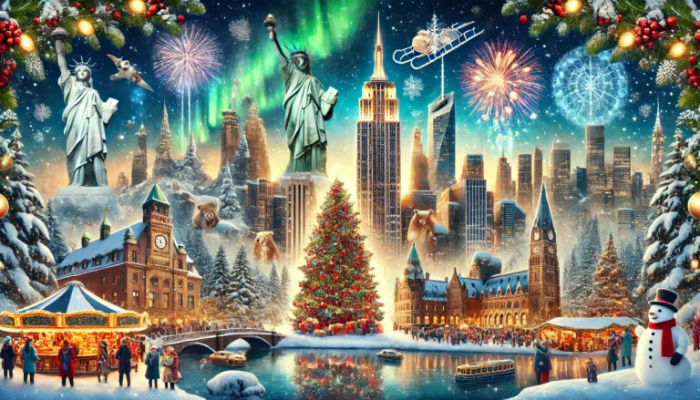 A festive holiday scene featuring famous landmarks from around the world, including the Rockefeller Center Christmas Tree in New York, the Northern Lights in Lapland, Sydney Harbour's New Year's Eve fireworks, and Vienna's Christmas markets. The scene is set in a winter wonderland with snow, twinkling lights, and holiday decorations