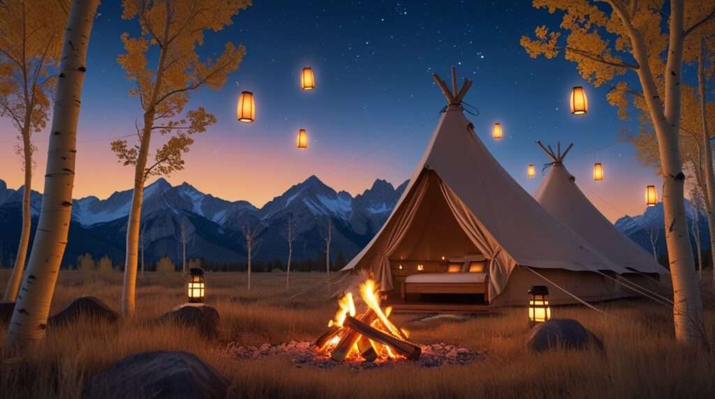 Eco-Friendly Fall Getaways Glamping tent in Colorado mountains with aspen trees and eco lighting