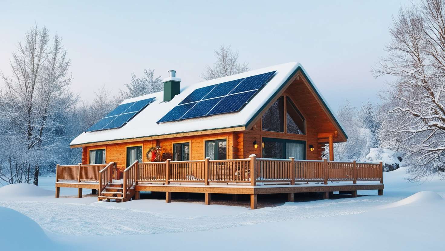 A rustic wooden cabin nestled in deep snow, featuring rooftop solar panels and large energy-efficient windows. Smoke curls from a chimney while evergreen trees draped in white frame the sustainable retreat, creating a serene winter scene.