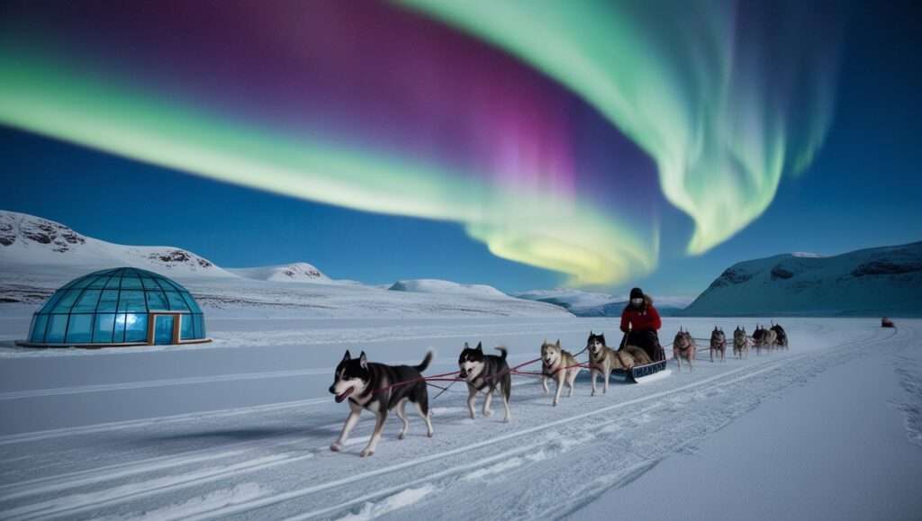 : A split image showcasing two Arctic scenes. In the top half, vibrant green and purple Aurora Borealis ribbons dance across a star-filled night sky, illuminating a modern glass igloo nestled in deep snow, its warm interior light creating a cozy glow against the dark landscape. In the bottom half, a team of six Husky sled dogs bounds eagerly through powdery snow, their musher leaning into the turn as they race across a vast white plain. Snow flies from their paws as they run, while snow-covered mountain peaks rise majestically in the background. The dogs' breath is visible in the cold air, adding to the sense of motion and energy.