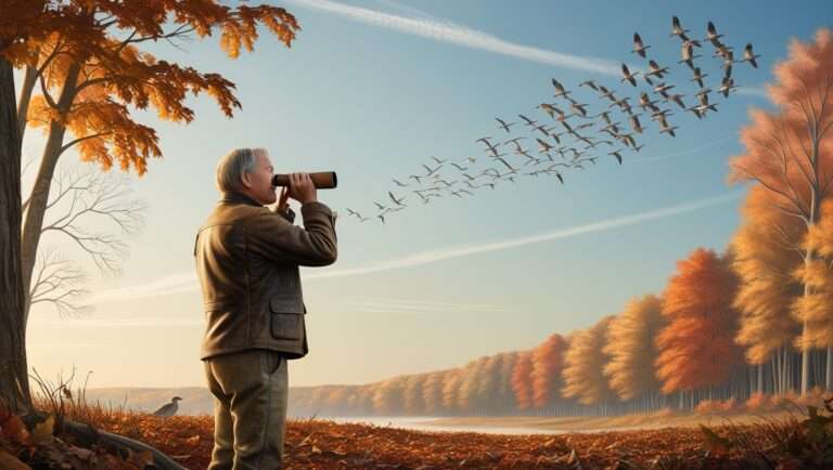 A birdwatcher stands among fallen autumn leaves, binoculars raised to their eyes, observing a flock of migrating birds silhouetted against a bright blue sky. They wear a weathered leather jacket that blends with the fall colors surrounding them. Towering trees with branches full of orange, amber, and crimson foliage frame the scene, casting long shadows in the warm light. The observer's intent posture and the graceful pattern of the birds overhead create a moment of quiet connection between human and nature, while fallen leaves carpet the ground in rich autumn hues.