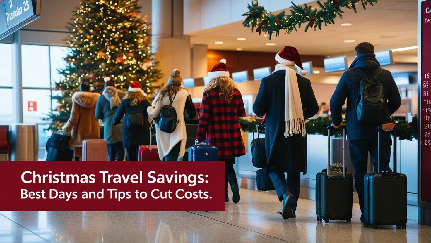 A festive winter scene featuring an airplane flying over a snow-covered landscape with Christmas trees and holiday decorations. The image represents the topic of Christmas travel costs, highlighting tips on the best days to fly and how to save money during the holiday season.