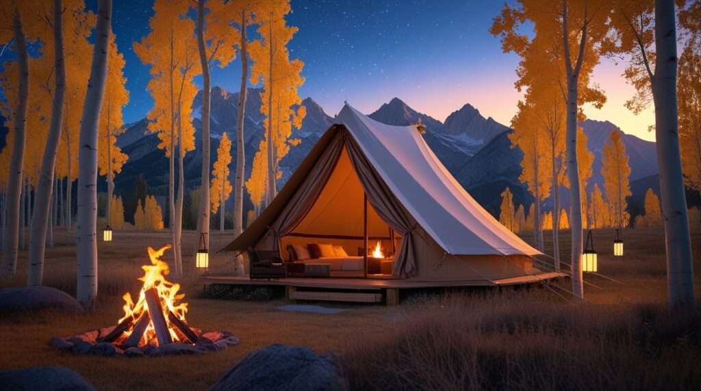 Eco-Friendly Fall Getaways A luxury glamping tent set among golden aspens and mountain peaks, with a campfire and solar lanterns glowing at twilight.