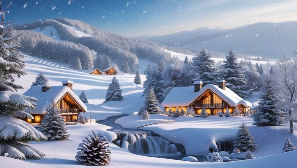 A breathtaking snowy landscape with ski slopes, snow-covered trees, or cozy cabins.