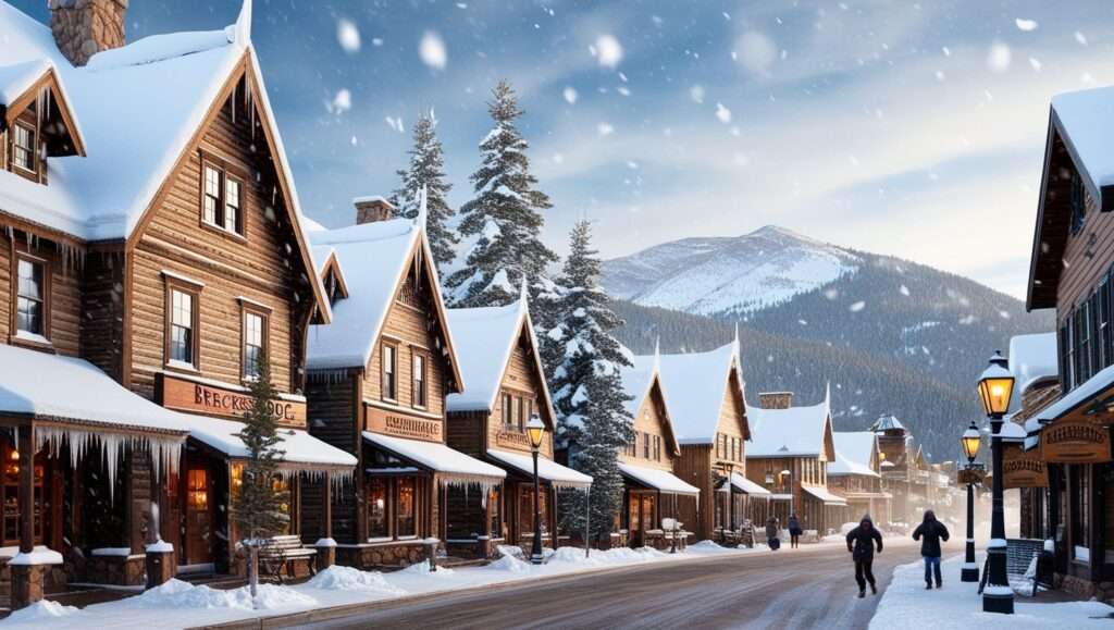 A picturesque view of historic Main Street in Breckenridge, Colorado, featuring colorful Victorian-era buildings with snow-laden roofs, surrounded by majestic snow-capped Rocky Mountains in the background, capturing the essence of a classic Colorado ski town.