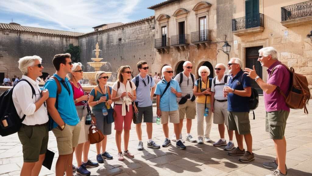 A group of tourists on a free walking tour in a historic city.