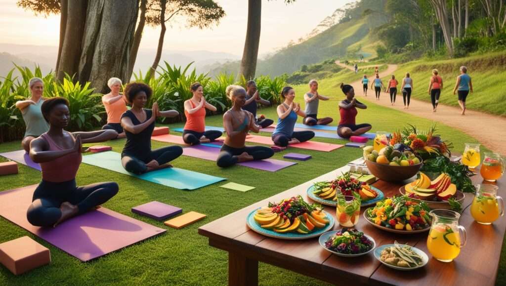 A group of travelers doing yoga in a retreat setting, enjoying simple, healthy meals together, or hiking through nature.