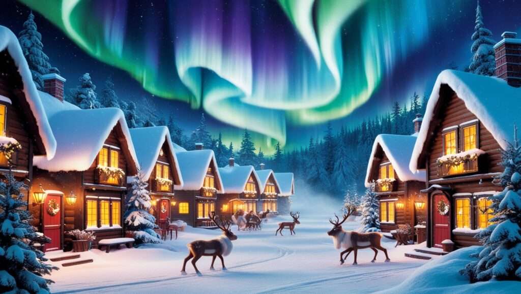 A magical image of Santa Claus Village, complete with snow-covered cabins, reindeer, and the Northern Lights in the background. Lapland, Finland