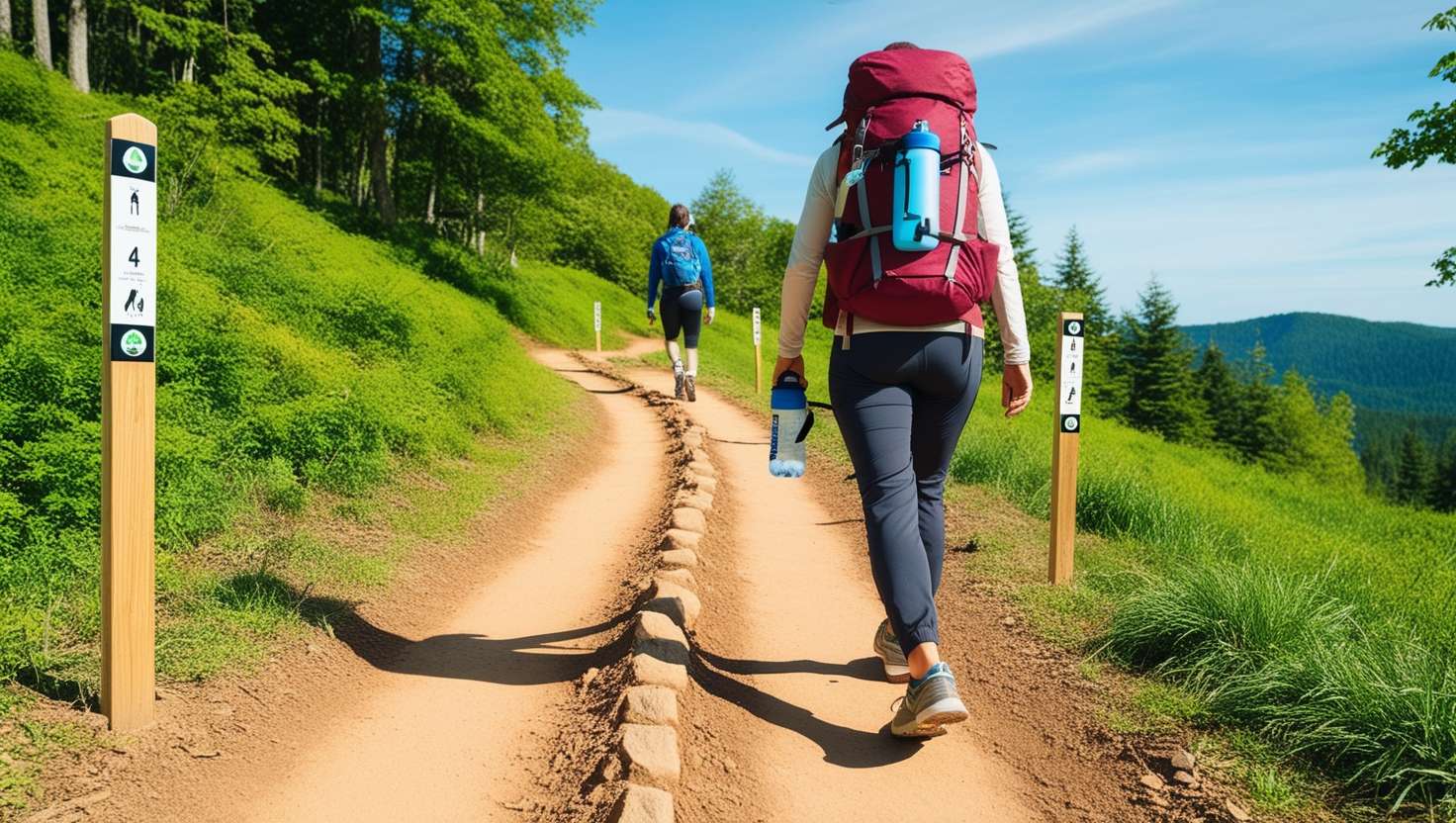 A serene hiking trail with a beginner-friendly vibe. The image includes a well-marked dirt path surrounded by lush greenery and a clear blue sky. A person dressed in beginner hiking gear (comfortable sneakers, a backpack, and layered clothing) is walking on the trail. Their body language reflects ease and curiosity, making the scene inviting. Include subtle elements like trail markers and a water bottle attached to the backpack to emphasize preparedness.