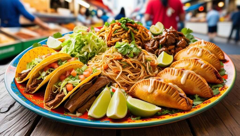 A plate of colorful street food (e.g., tacos, noodles, or empanadas).