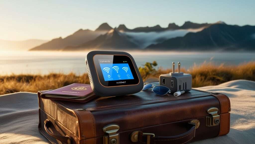 A portable Wi-Fi hotspot device with a travel backdrop.