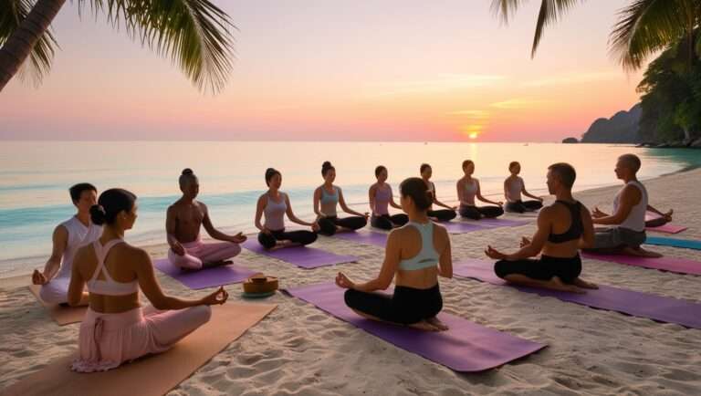 A serene beach in Southeast Asia at sunrise with people practicing yoga