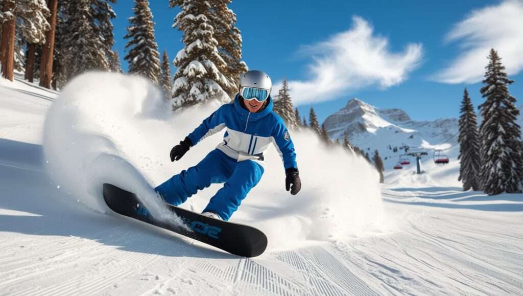 An action shot of a snowboarder cutting through deep, pristine powder snow, creating a dramatic spray of white powder in their wake. The vast terrain of Jackson Hole Mountain Resort stretches behind them, with steep slopes and snow-covered peaks dominating the background against a bright winter sky.