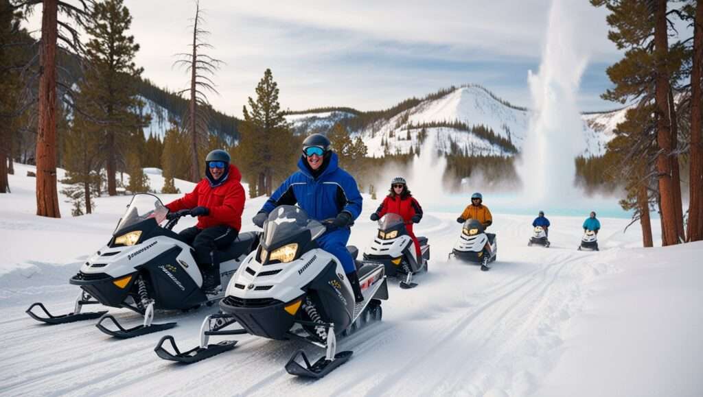 A group of snowmobilers riding in formation along a snow-covered trail through a winter park landscape, surrounded by snow-laden trees.