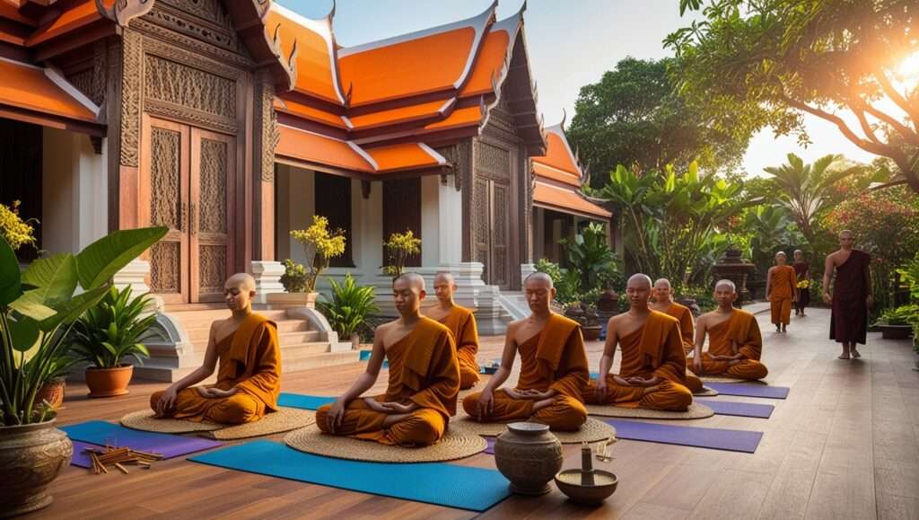 A temple in Chiang Mai with monks meditating or yoga mats spread out in the surrounding gardens.