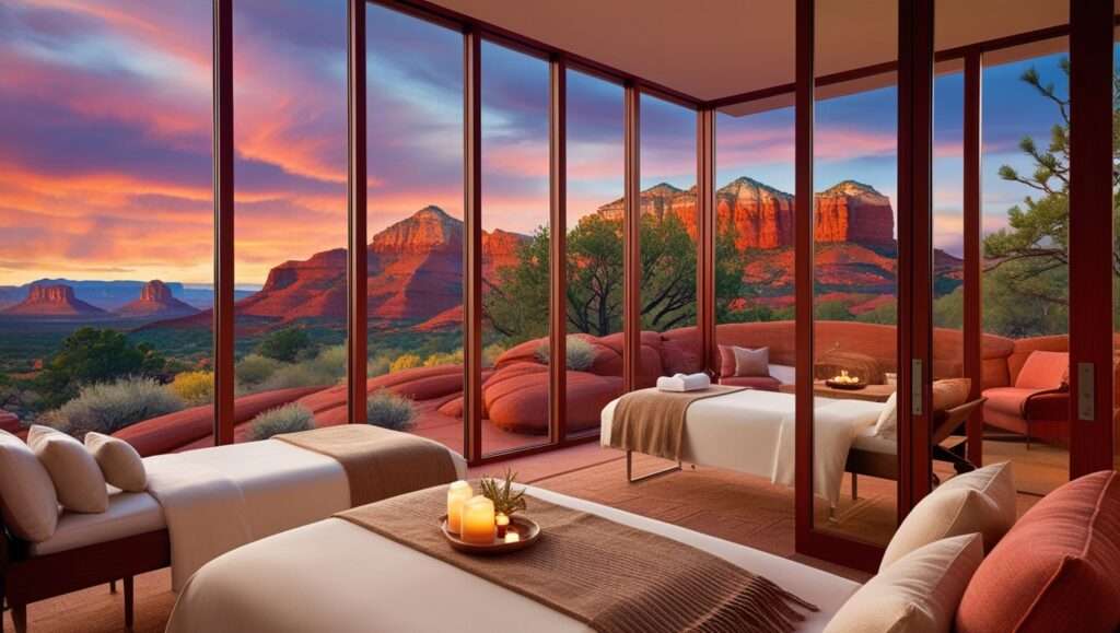 A luxurious outdoor spa area featuring a serene infinity pool and relaxation loungers overlooking Sedona's dramatic red rock formations and desert landscape, with clear blue skies and distinctive sandstone buttes in the background.